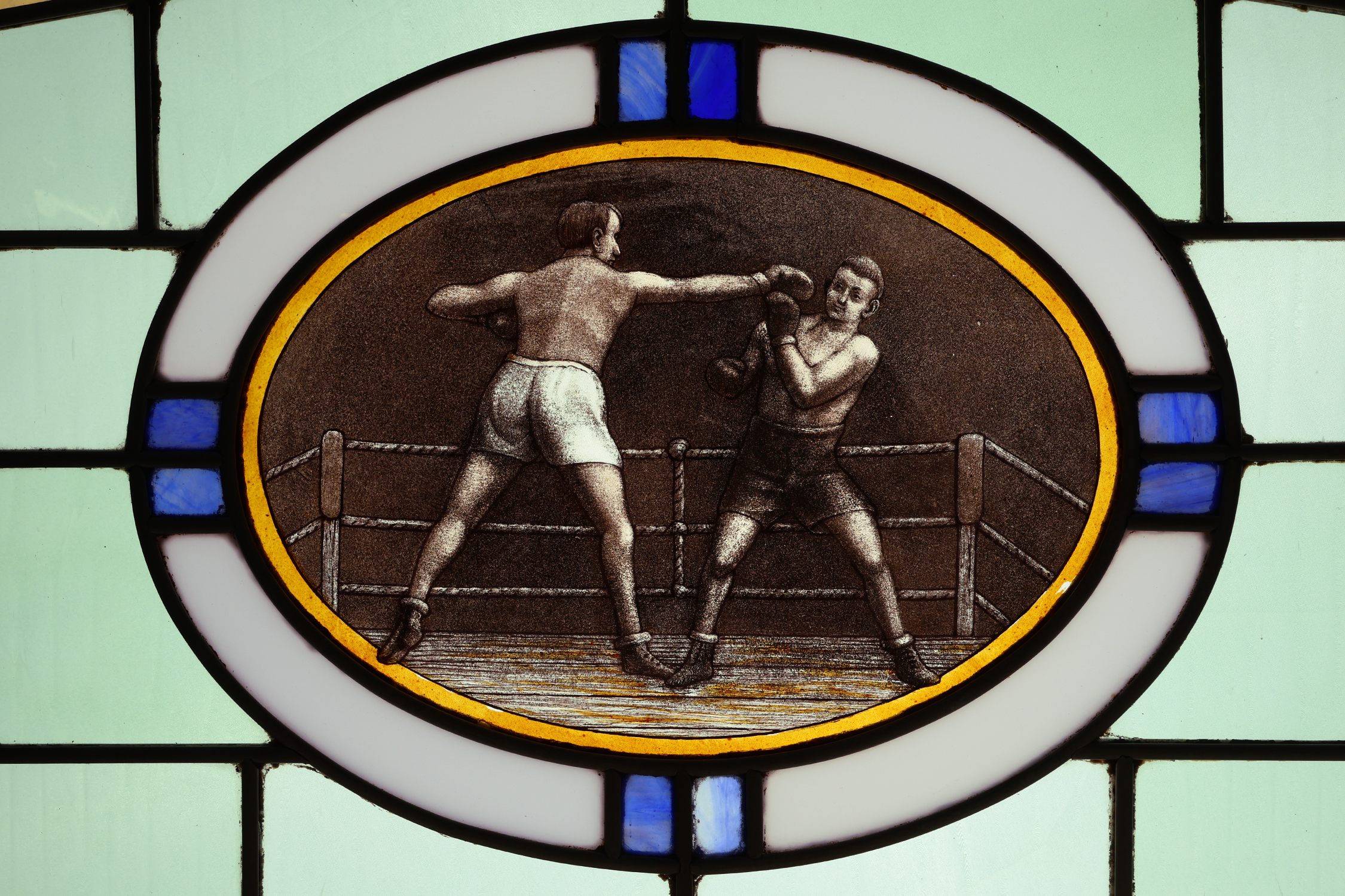 Art Deco Stained Glass Panel Depicting a Boxing Match, Belgium ca. 1910thumbnail